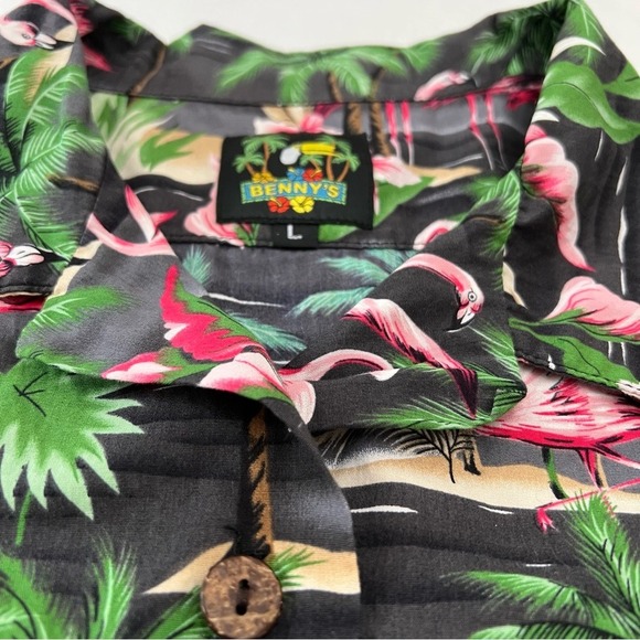 Benny's Blue Hawaiian Tropical Flamingo Button Up Shirt Mens Large short Sleeve - Picture 8 of 13